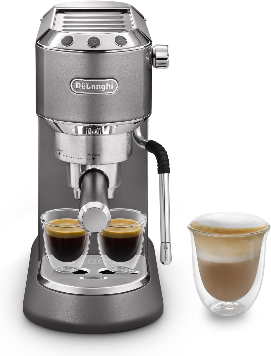 KaffiMax - Dedica Arte Espresso-Maschine mit MyLatterArt-Milchschaumdüse, kompakts Design, 15 cm breit, 1-Liter-Wassertank, Grau