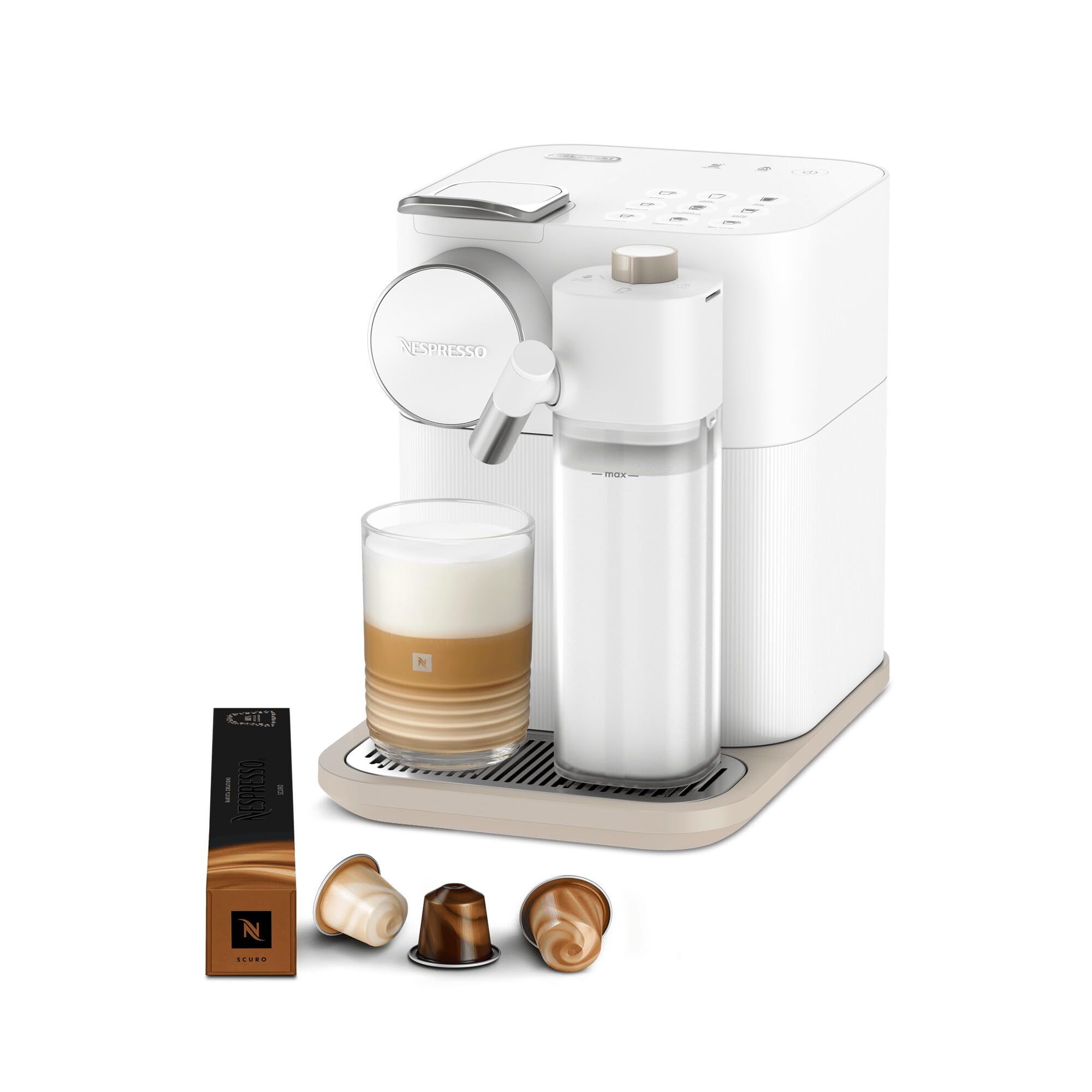 KaffiMax - Gran Lattissima Kaffeemaschine Wiiss, 19 Bar + Willkommenskit, kompakts Design, Espresso, Lungo und Milchrezept, Automatischi Abschaltig, Wiiss