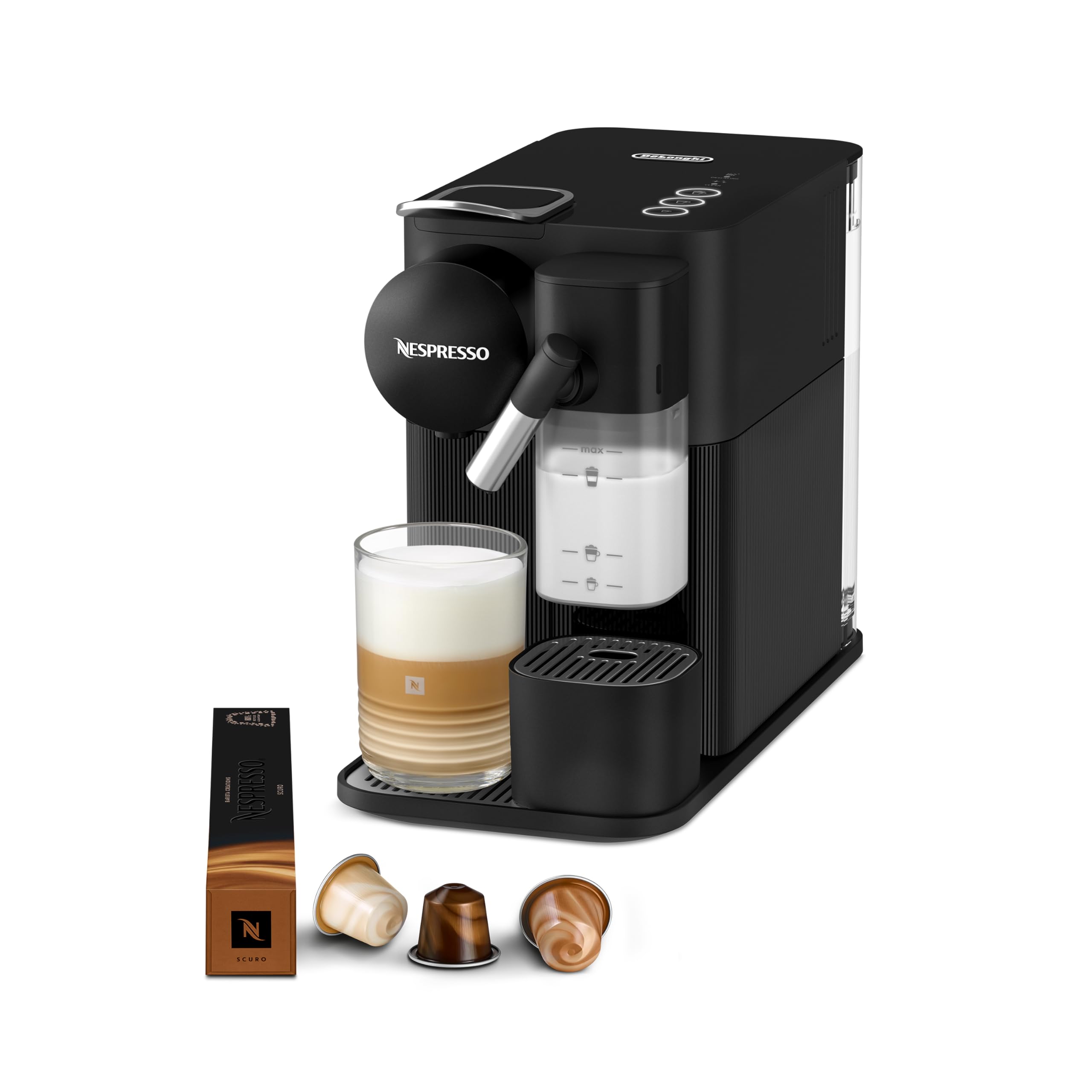 KaffiMax - Lattissima One Schwarzi Kaffeemaschine, 19 Bar + Willkommenskit, kompakts Design, Espresso, Lungo und Milchrezept, Automatischi Abschaltig, Schwarz